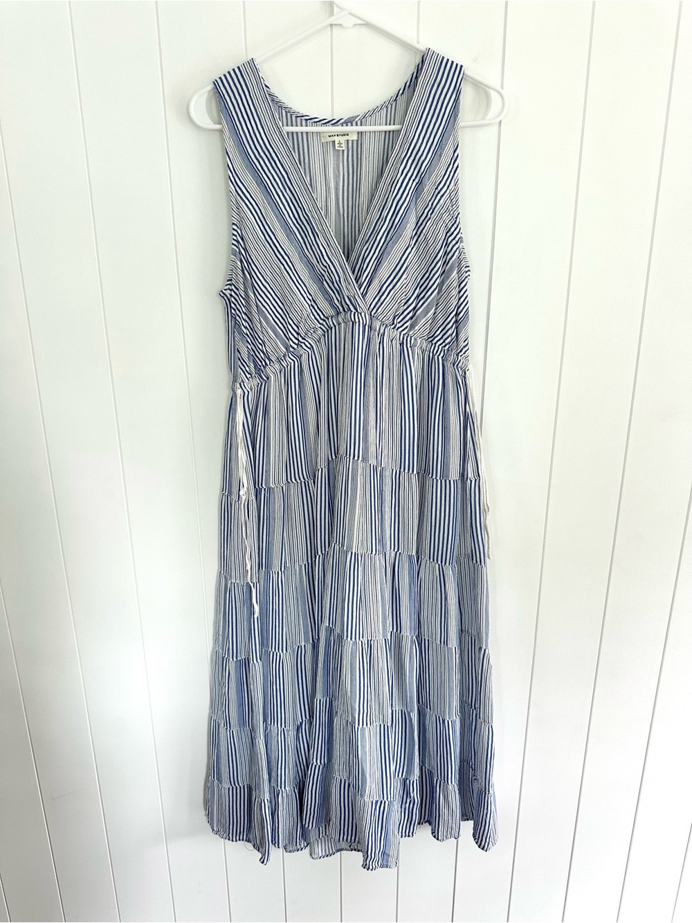 Max Studio Blue and White Striped Tiered Maxi Dress